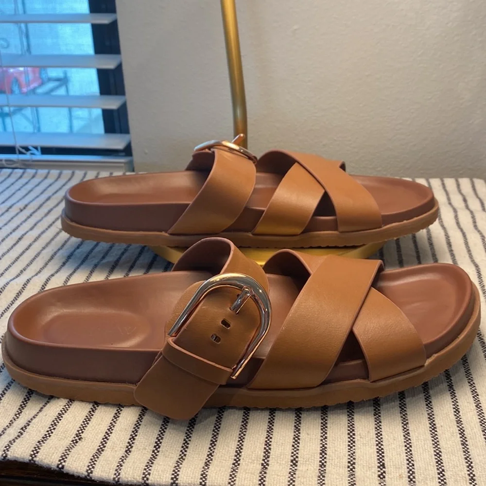 Women's Tan J Crew Criss Cross Buckle Slides Size 10